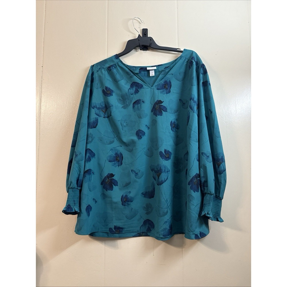 Ava & Viv green boho floral Blouse dark blue Flower Work Wear Night Out . SZ 3x